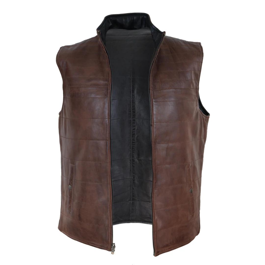 Mens Real Leather Black Brown Waistcoat Gilet Reversible Vest Smart Casual - Knighthood Store