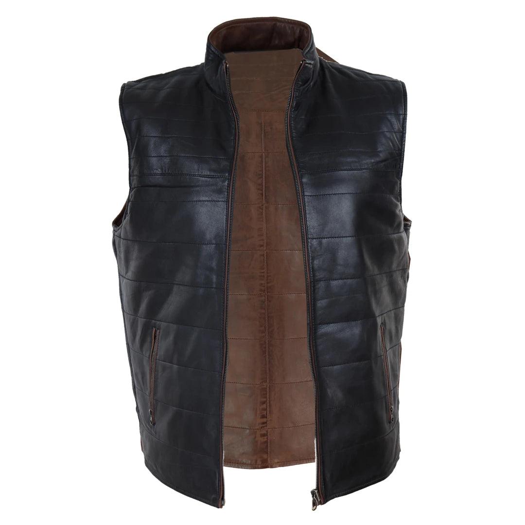 Mens Real Leather Black Brown Waistcoat Gilet Reversible Vest Smart Casual - Knighthood Store