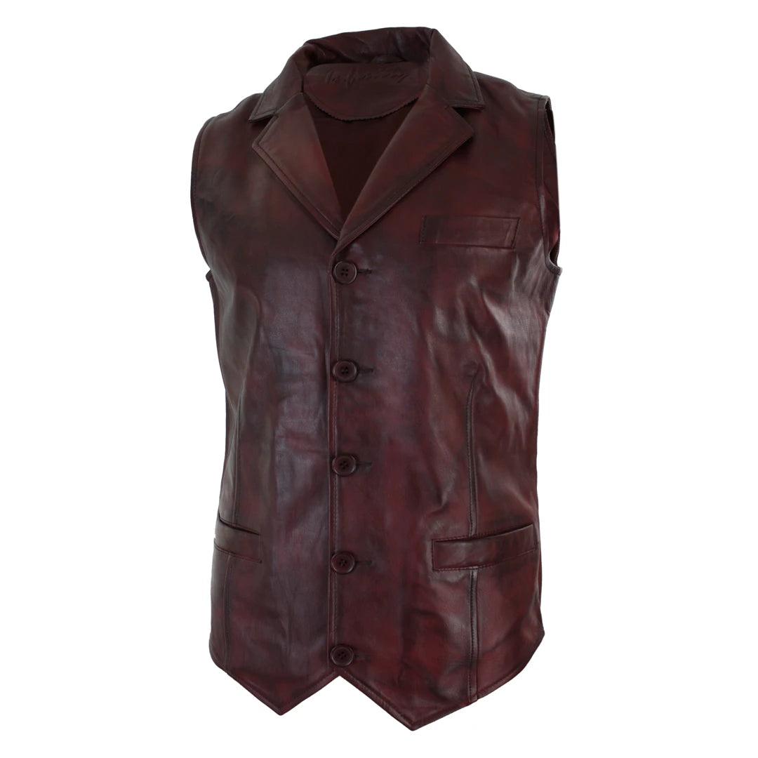 Mens Real Leather Tan Brown Black Burgundy Smart Casual Gilet Waistcoat Vintage Retro - Knighthood Store