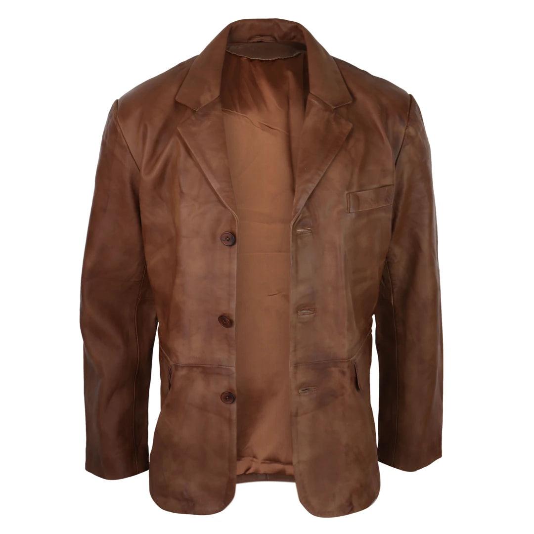 Mens Real Leather Jacket Black Smart Casual Classic Blazer Retro Vintage - Knighthood Store