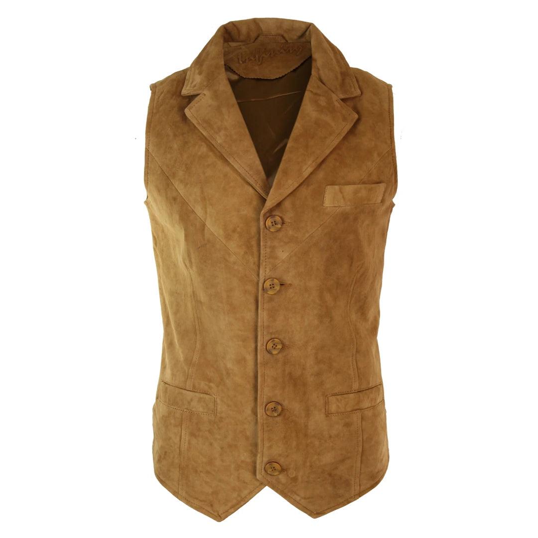 Mens Real Suede Leather Tan Brown Black Smart Casual Gilet Waistcoat Vintage Retro - Knighthood Store