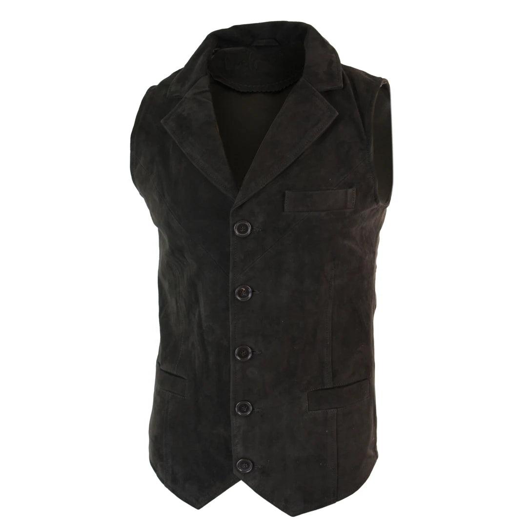 Mens Real Suede Leather Tan Brown Black Smart Casual Gilet Waistcoat Vintage Retro - Knighthood Store