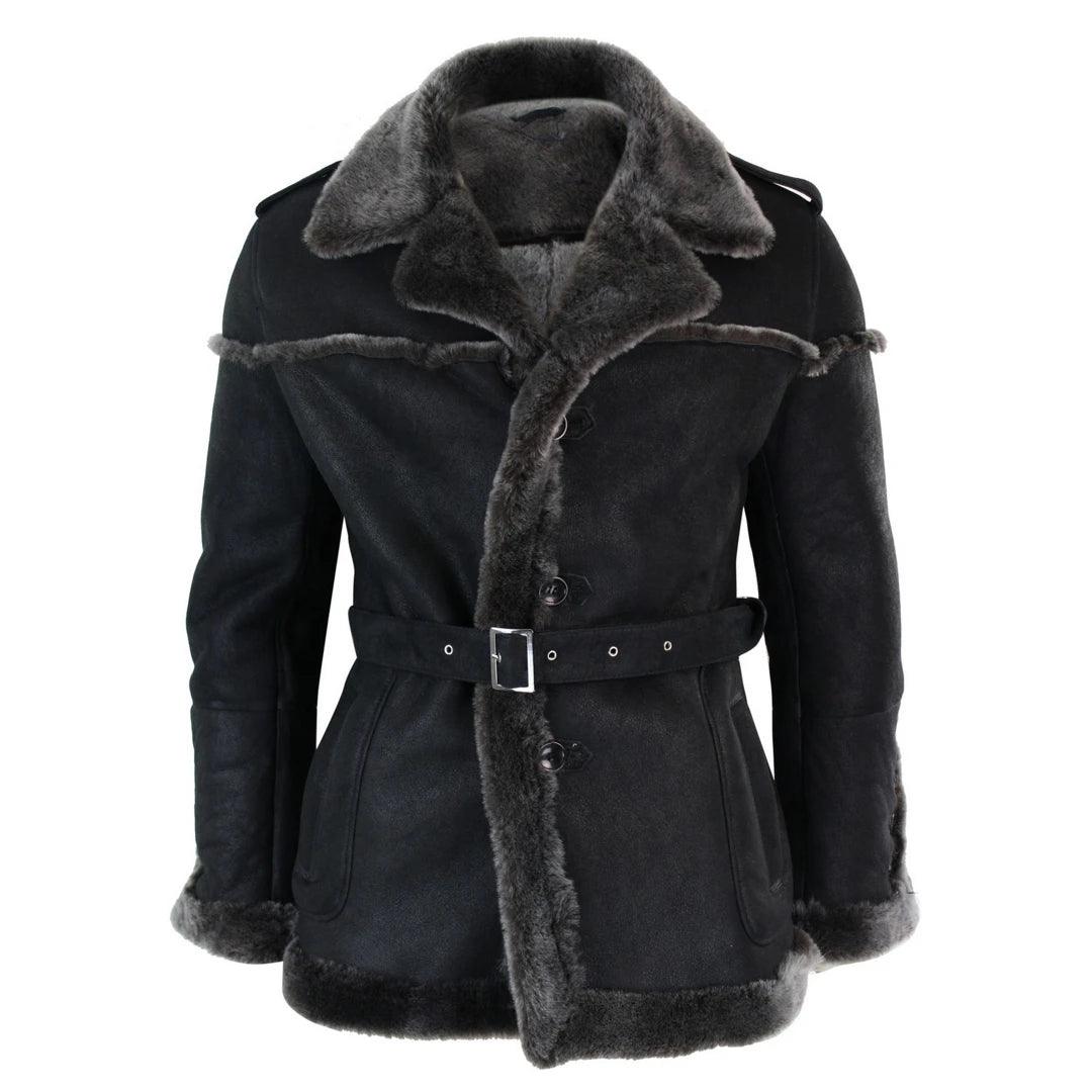 Mens Double Breasted Real Sherling Navy Captain Sheepskin Jacket Belted Grey Black - Knighthood Store