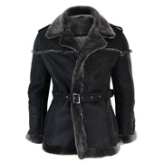 Mens Double Breasted Real Sherling Navy Captain Sheepskin Jacket Belted Grey Black - Knighthood Store