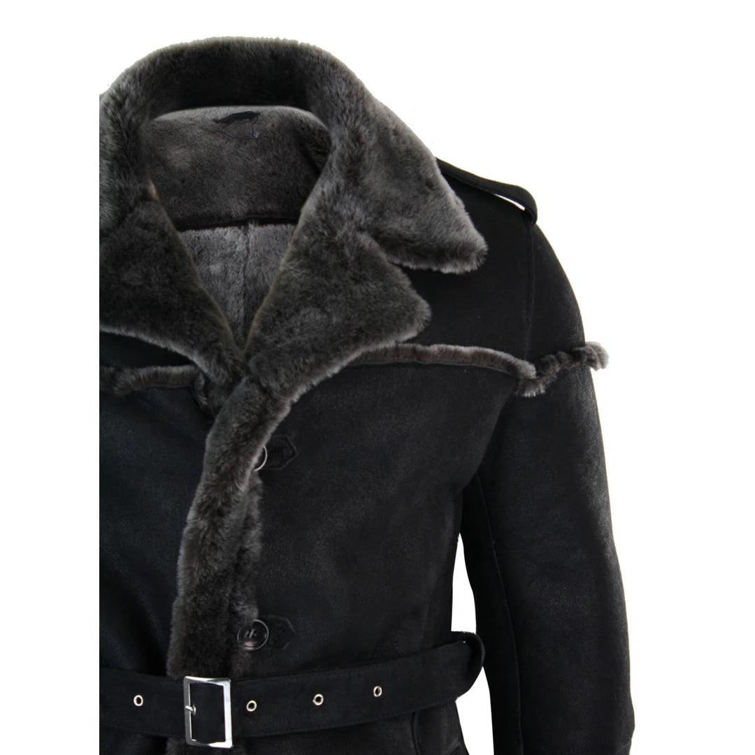 Mens Double Breasted Real Sherling Navy Captain Sheepskin Jacket Belted Grey Black - Knighthood Store