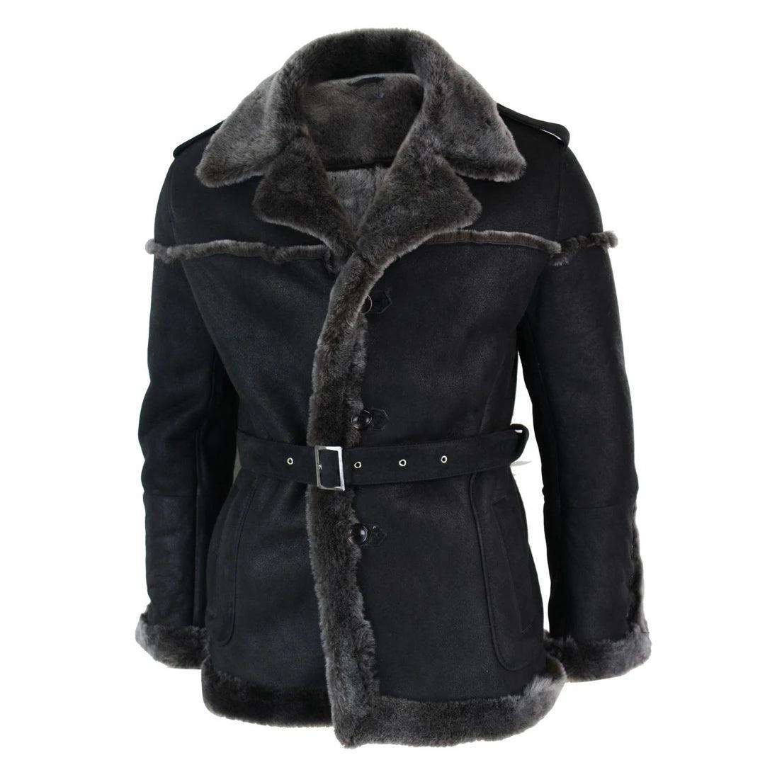 Mens Double Breasted Real Sherling Navy Captain Sheepskin Jacket Belted Grey Black - Knighthood Store