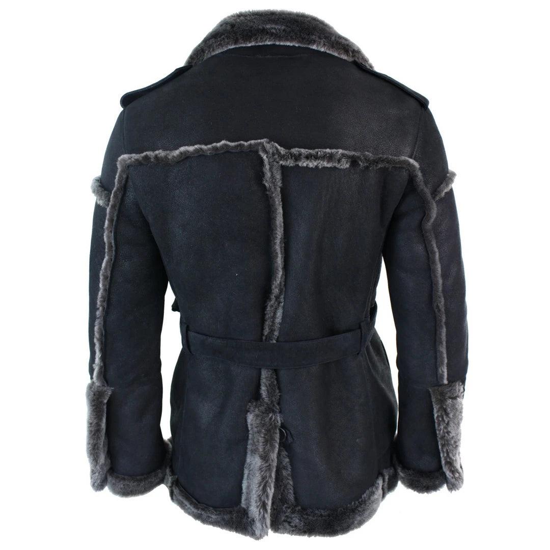 Mens Double Breasted Real Sherling Navy Captain Sheepskin Jacket Belted Grey Black - Knighthood Store