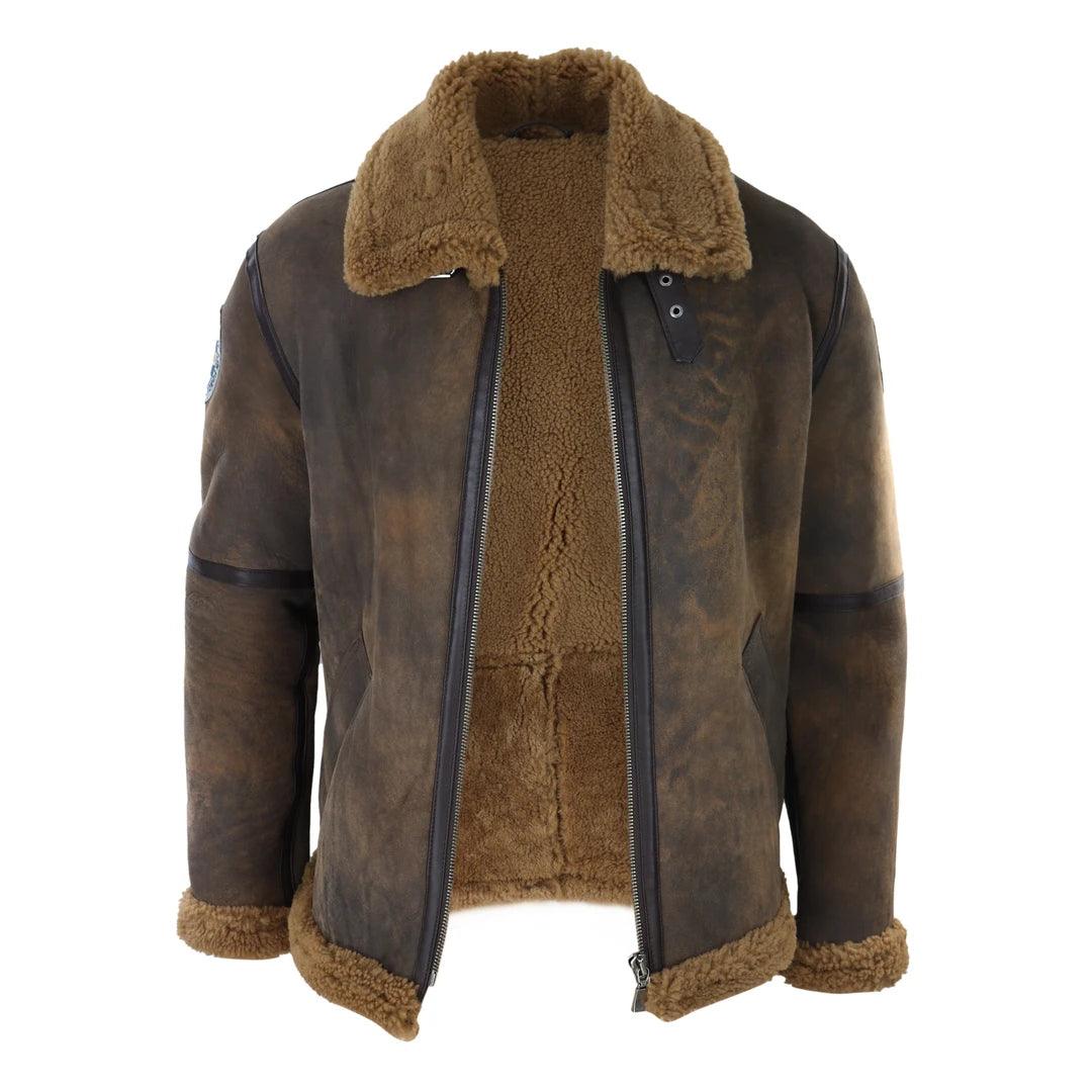 Mens Brown Distressed Real Sheepskin Flying Jacket Camel Fur Zipped Classic Winter - Knighthood Store