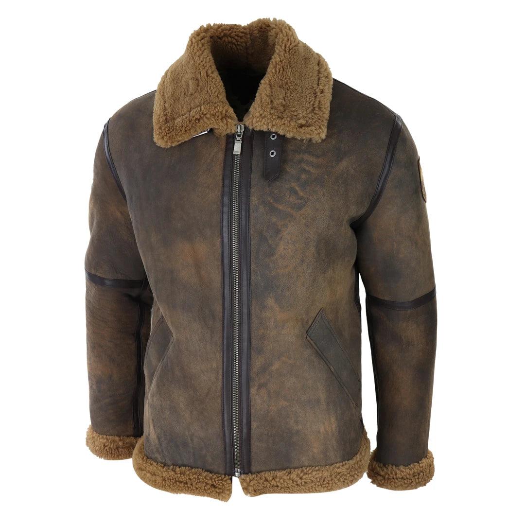 Mens Brown Distressed Real Sheepskin Flying Jacket Camel Fur Zipped Classic Winter - Knighthood Store