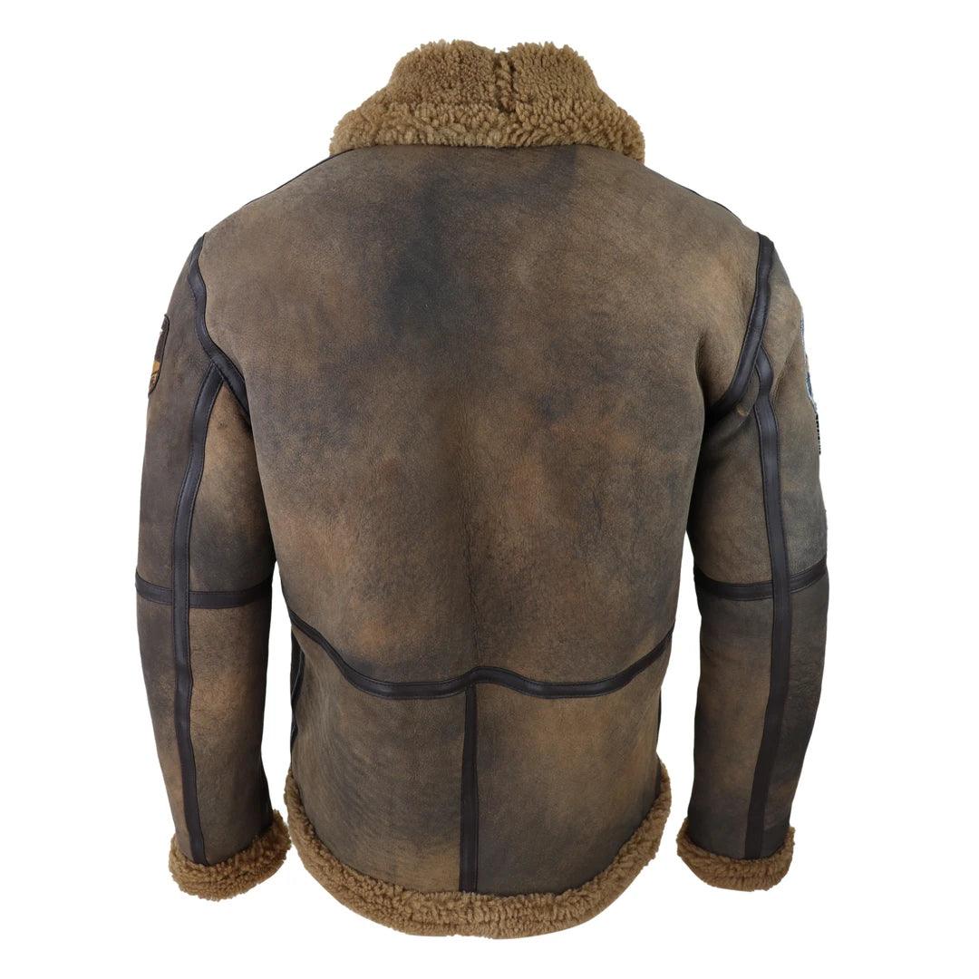 Mens Brown Distressed Real Sheepskin Flying Jacket Camel Fur Zipped Classic Winter - Knighthood Store