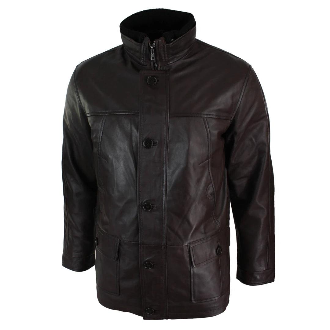 Mens Slim Fit Real Leather Safari Military Army Hunting Jacket Black Brown - Knighthood Store