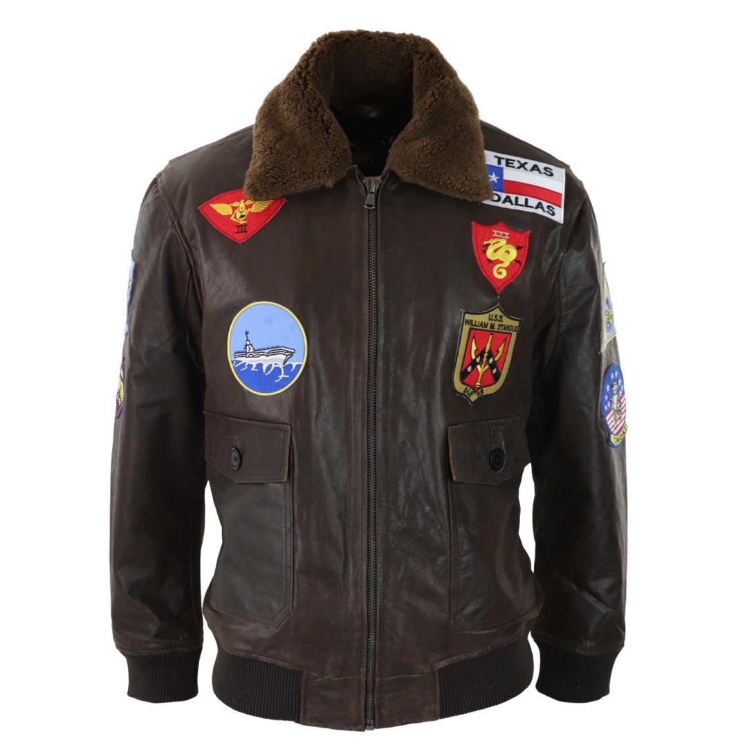 Mens Brown Aviator Top Gun Jacket Vintage Classic Washed Fur Collar Pilot Bomber - Knighthood Store