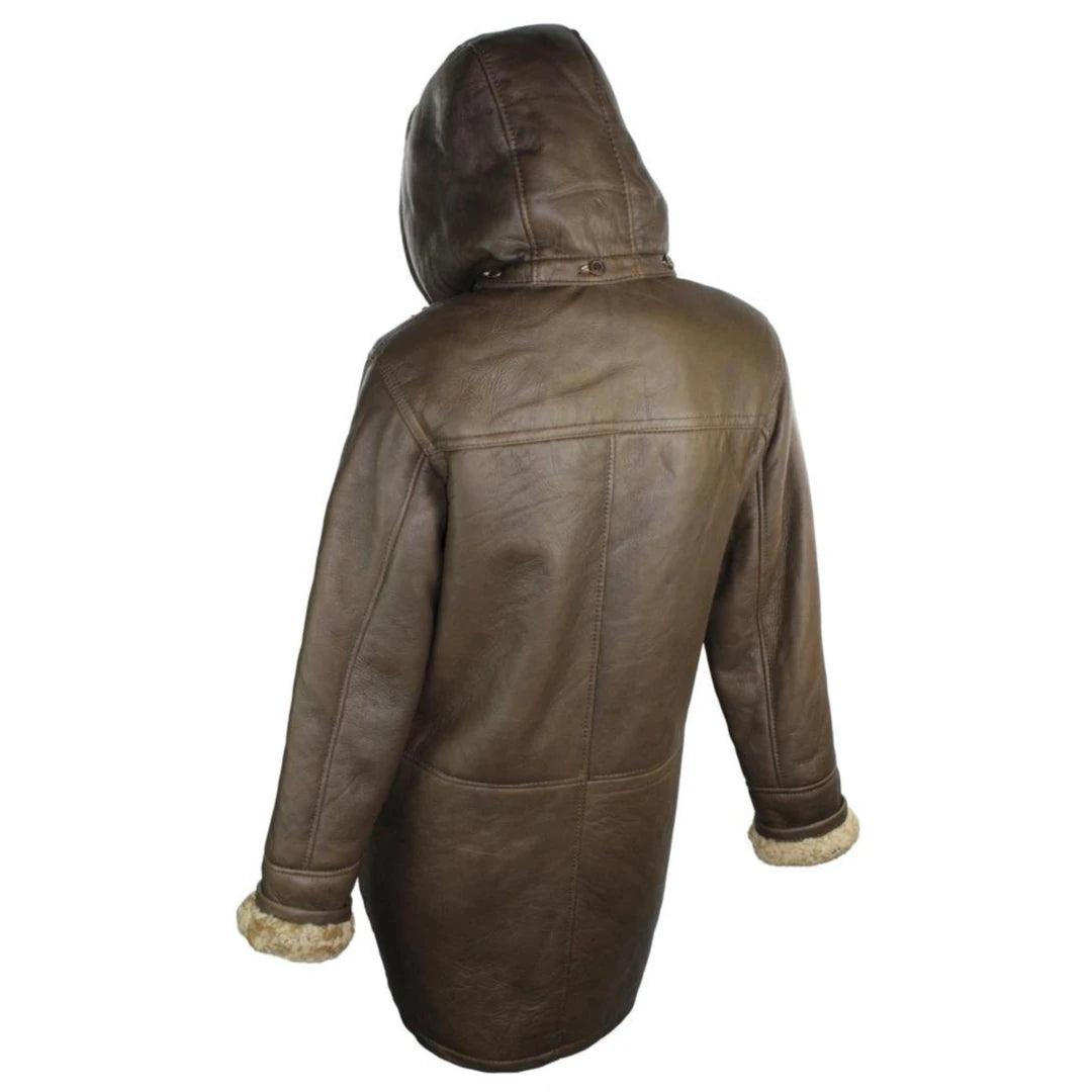 Ladies Luxury 100% Vintage Winter Sheepskin Leather Duffle Jacket Brown Ginger - Knighthood Store