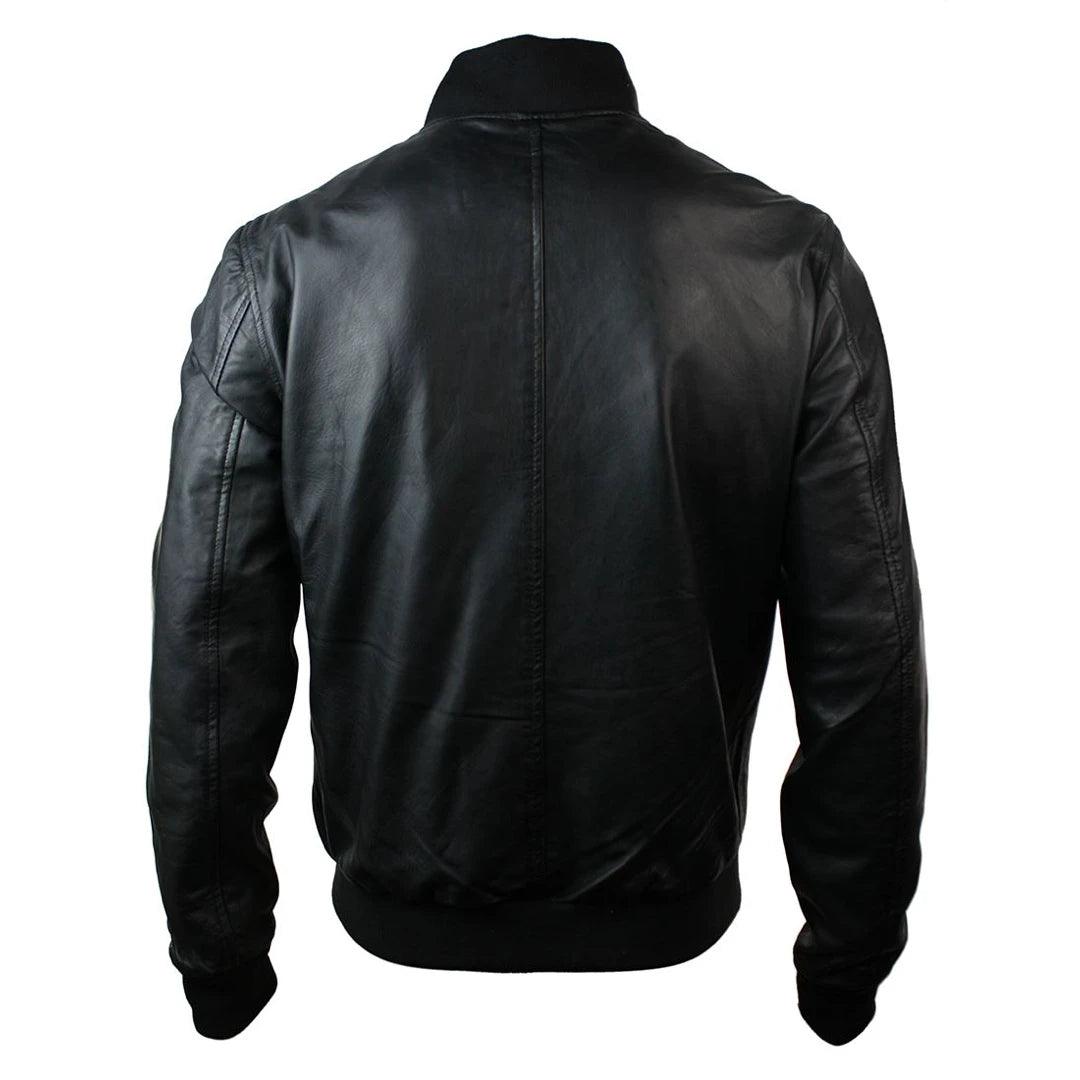 Mens Slim Fit Real Leather Black Varsity Bomber Jacket Classic Retro Black Brown - Knighthood Store