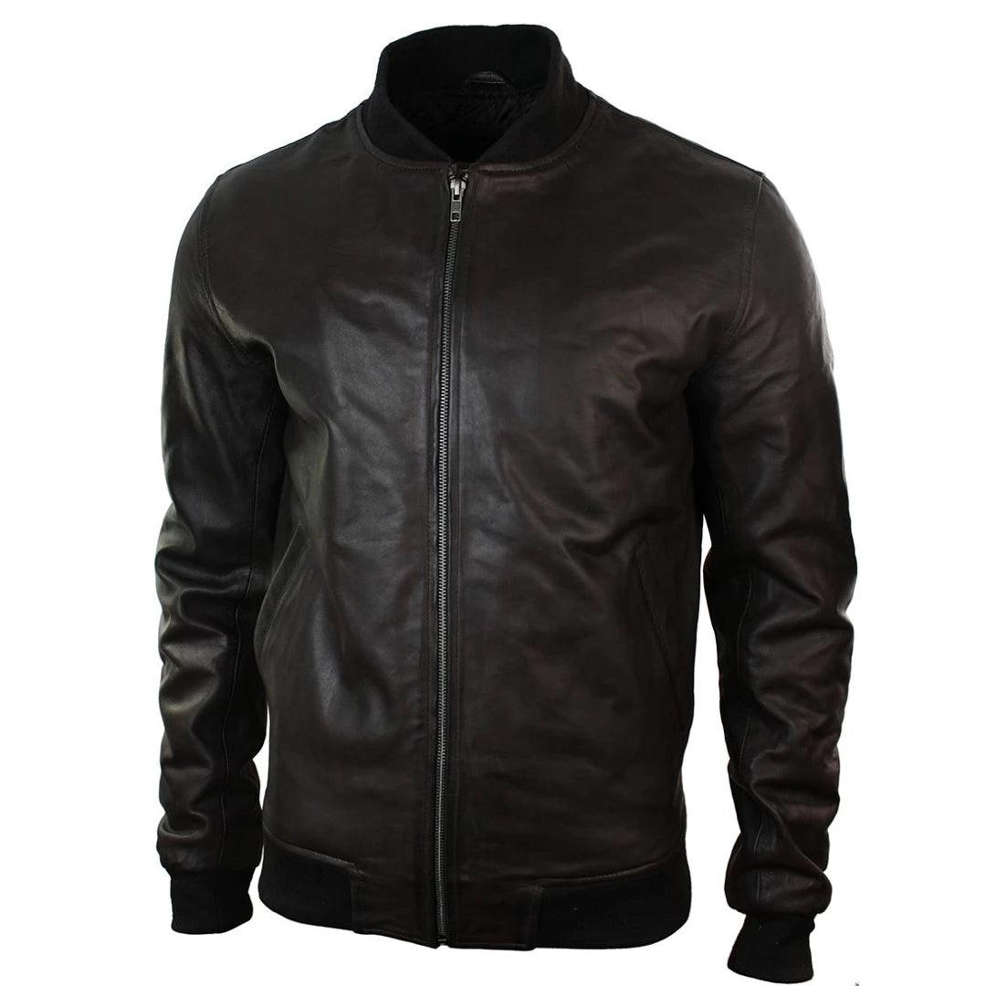 Mens Slim Fit Real Leather Black Varsity Bomber Jacket Classic Retro Black Brown - Knighthood Store