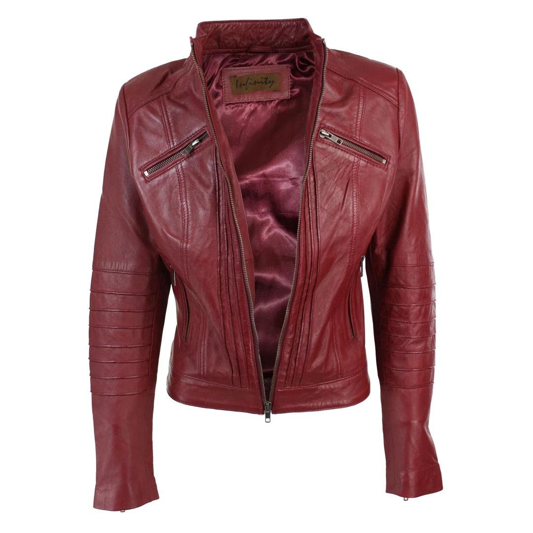 Ladies Biker Jacket Vintage Real Leather Zipped Fit Nehru Collar Japanese Style - Knighthood Store