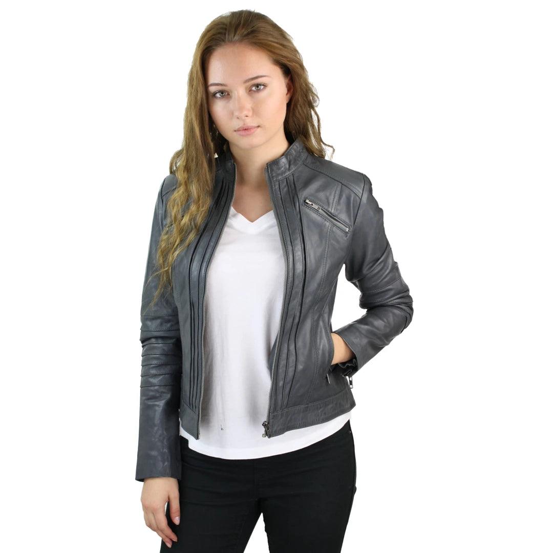 Ladies Biker Jacket Vintage Real Leather Zipped Fit Nehru Collar Japanese Style - Knighthood Store