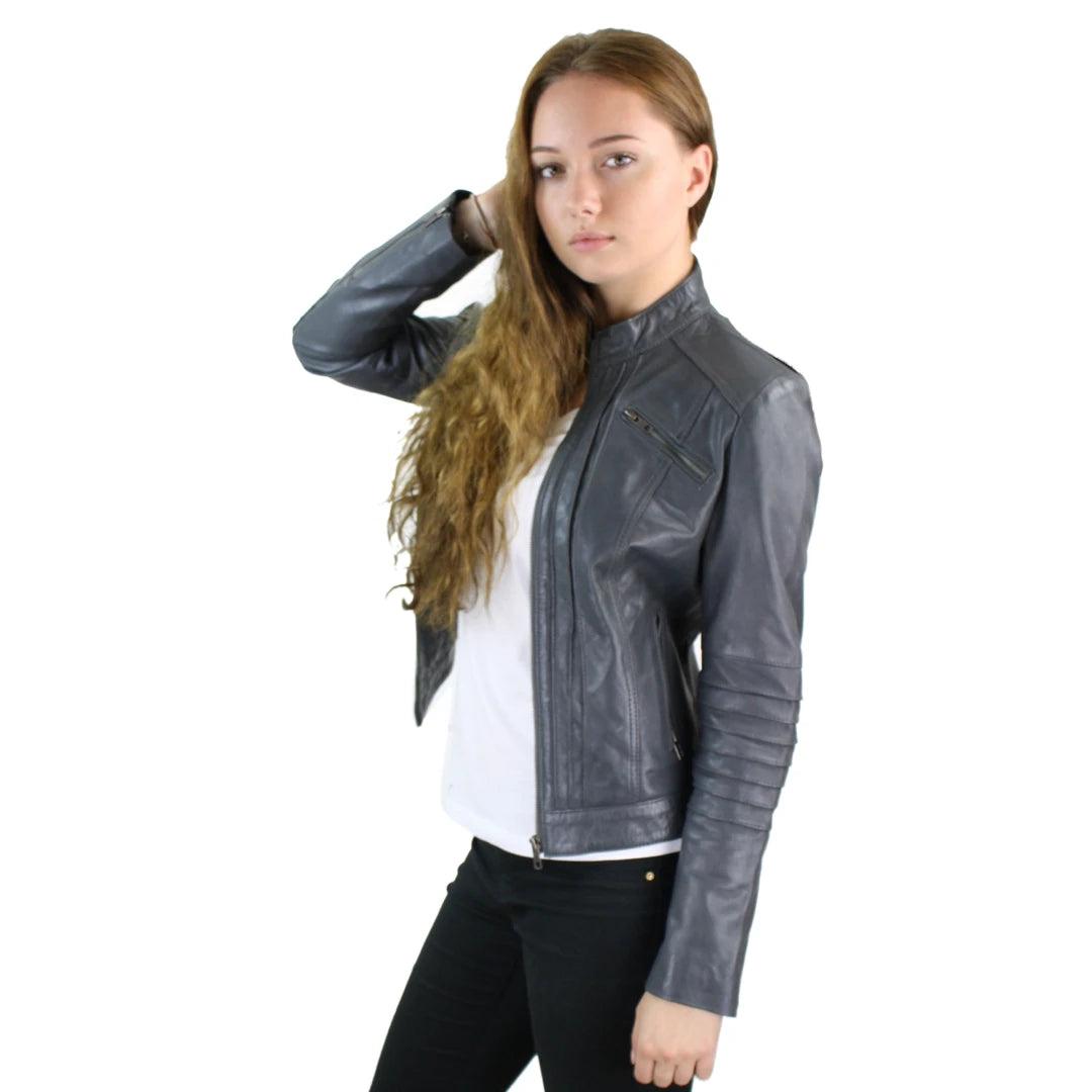Ladies Biker Jacket Vintage Real Leather Zipped Fit Nehru Collar Japanese Style - Knighthood Store