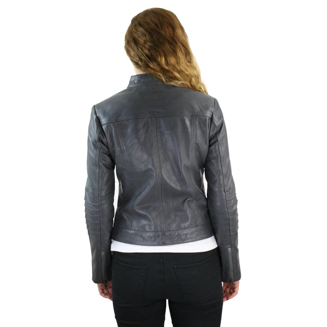 Ladies Biker Jacket Vintage Real Leather Zipped Fit Nehru Collar Japanese Style - Knighthood Store