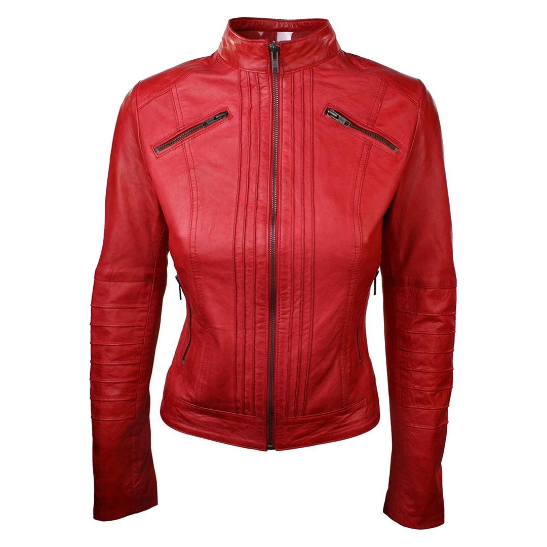 Ladies Biker Jacket Vintage Real Leather Zipped Fit Nehru Collar Japanese Style - Knighthood Store