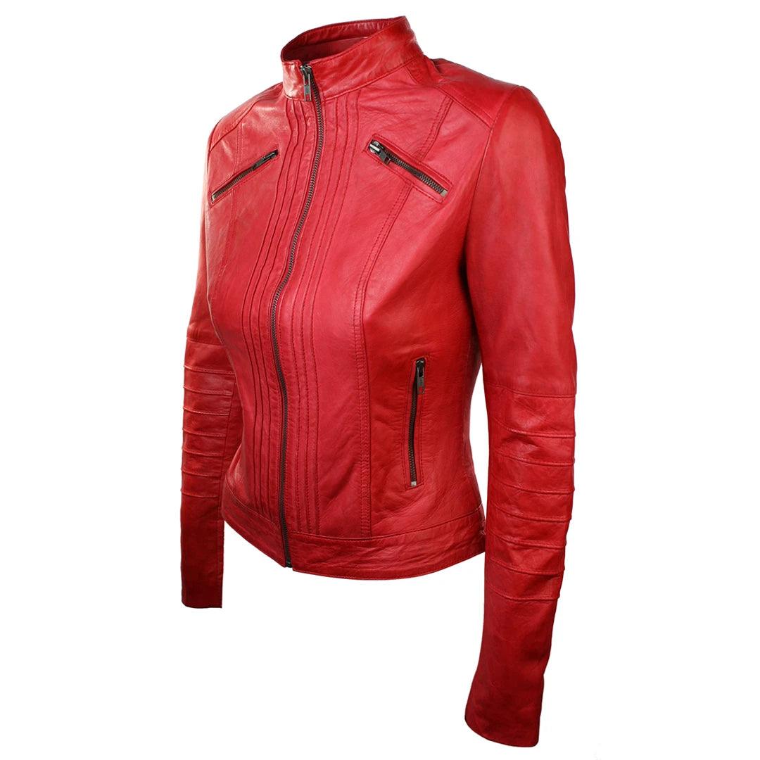 Ladies Biker Jacket Vintage Real Leather Zipped Fit Nehru Collar Japanese Style - Knighthood Store