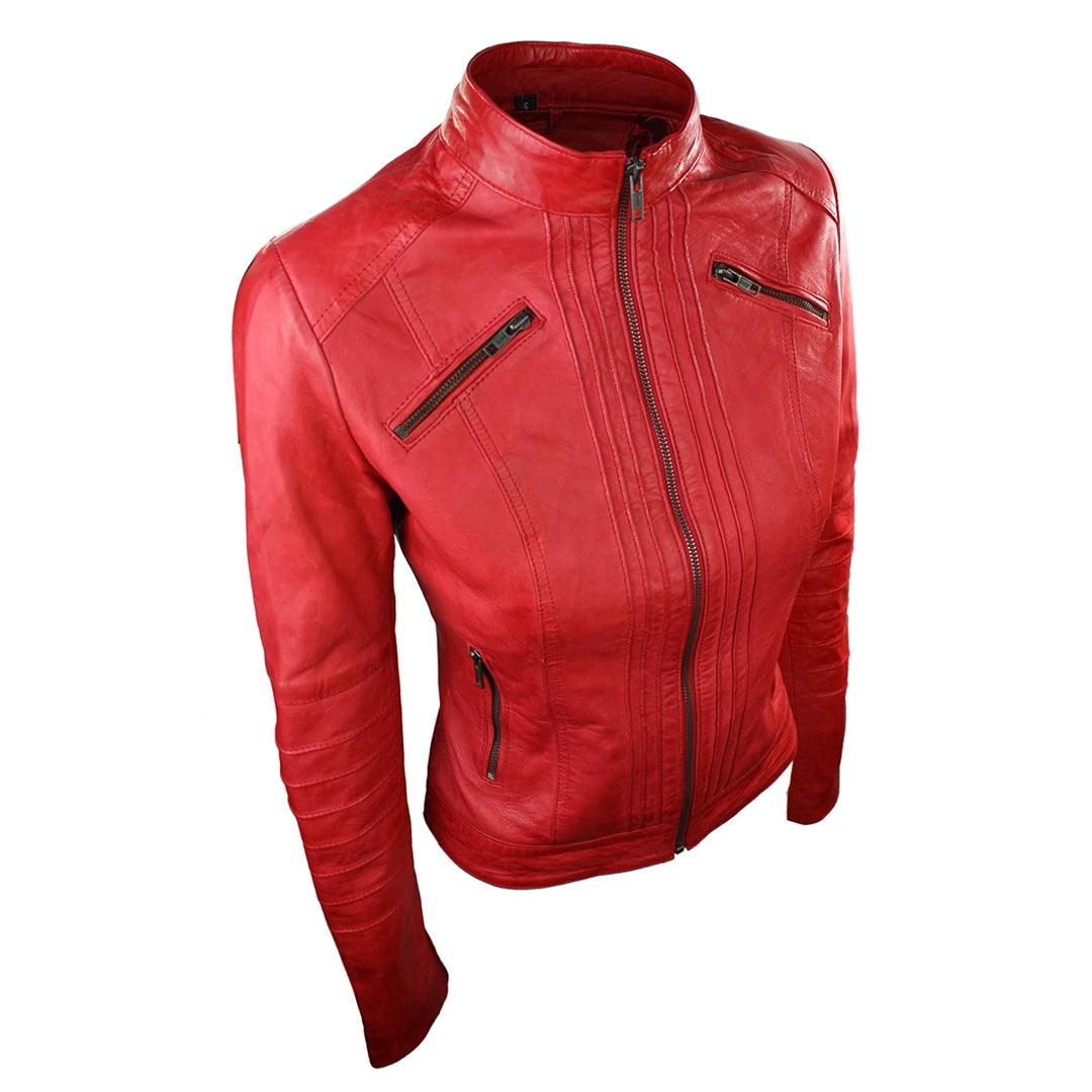Ladies Biker Jacket Vintage Real Leather Zipped Fit Nehru Collar Japanese Style - Knighthood Store