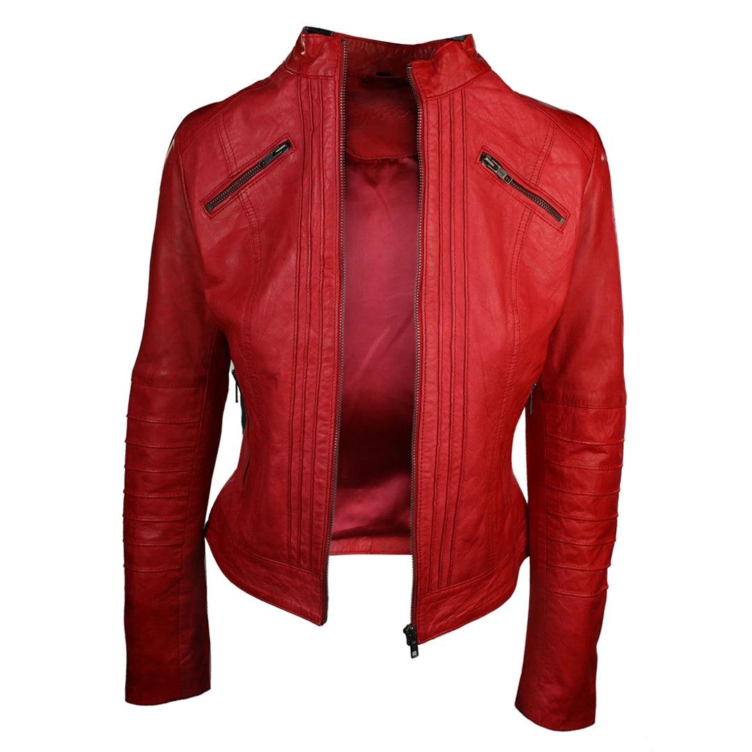 Ladies Biker Jacket Vintage Real Leather Zipped Fit Nehru Collar Japanese Style - Knighthood Store