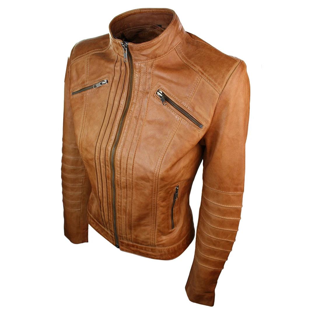 Ladies Biker Jacket Vintage Real Leather Zipped Fit Nehru Collar Japanese Style - Knighthood Store