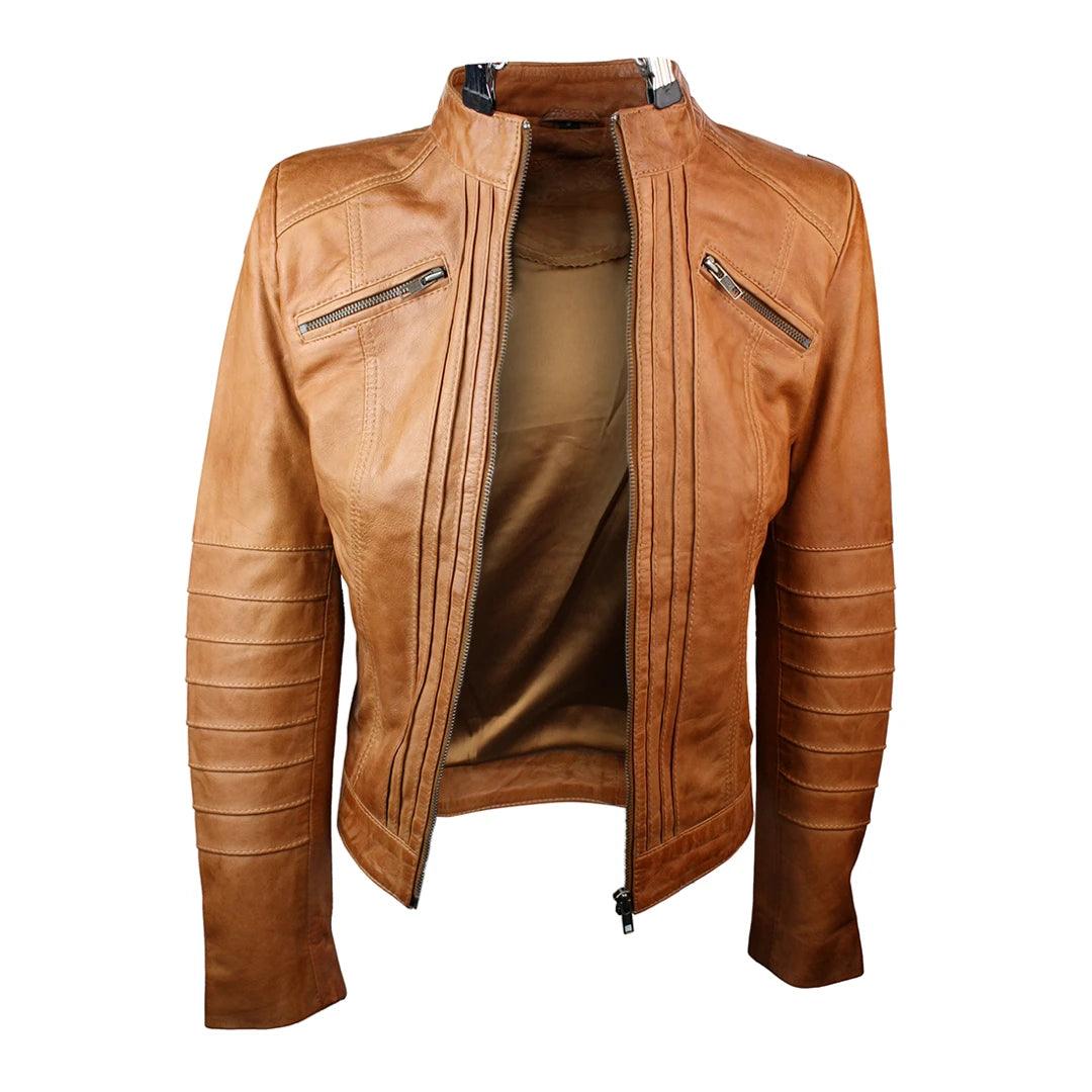 Ladies Biker Jacket Vintage Real Leather Zipped Fit Nehru Collar Japanese Style - Knighthood Store