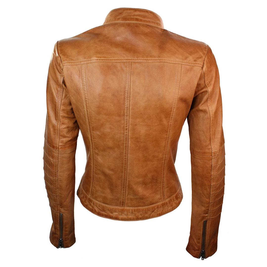 Ladies Biker Jacket Vintage Real Leather Zipped Fit Nehru Collar Japanese Style - Knighthood Store