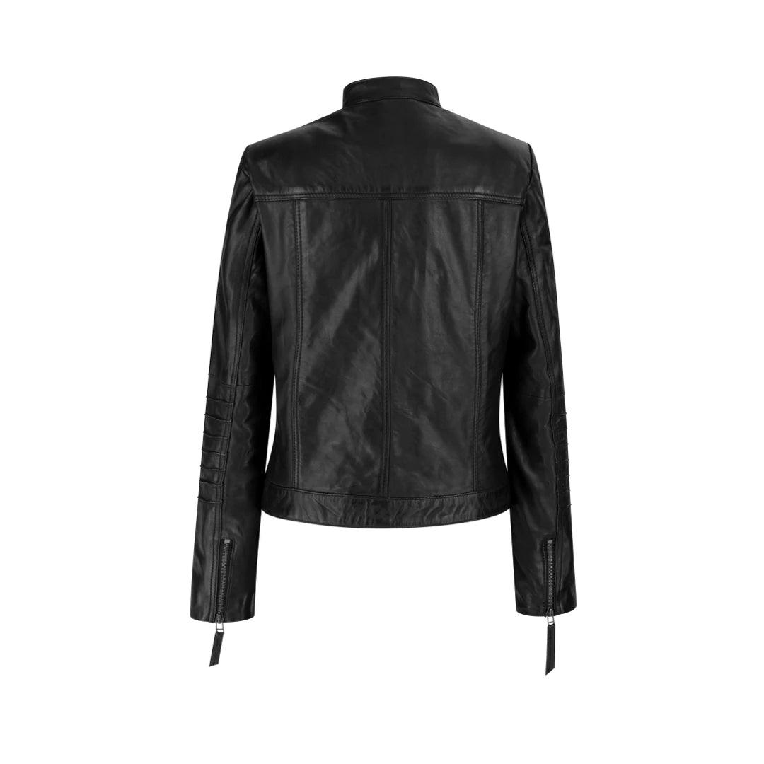 Ladies Biker Jacket Vintage Real Leather Zipped Fit Nehru Collar Japanese Style - Knighthood Store