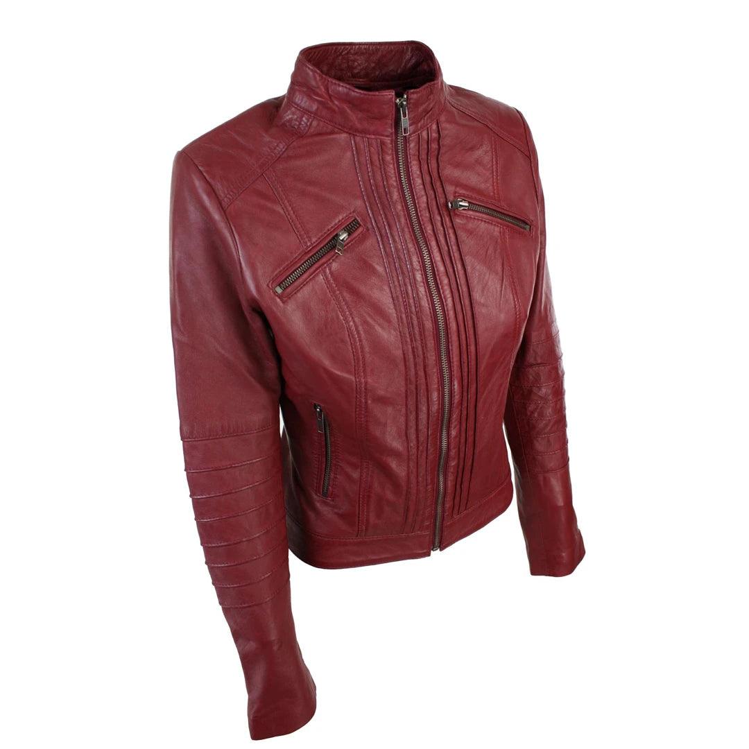 Ladies Biker Jacket Vintage Real Leather Zipped Fit Nehru Collar Japanese Style - Knighthood Store