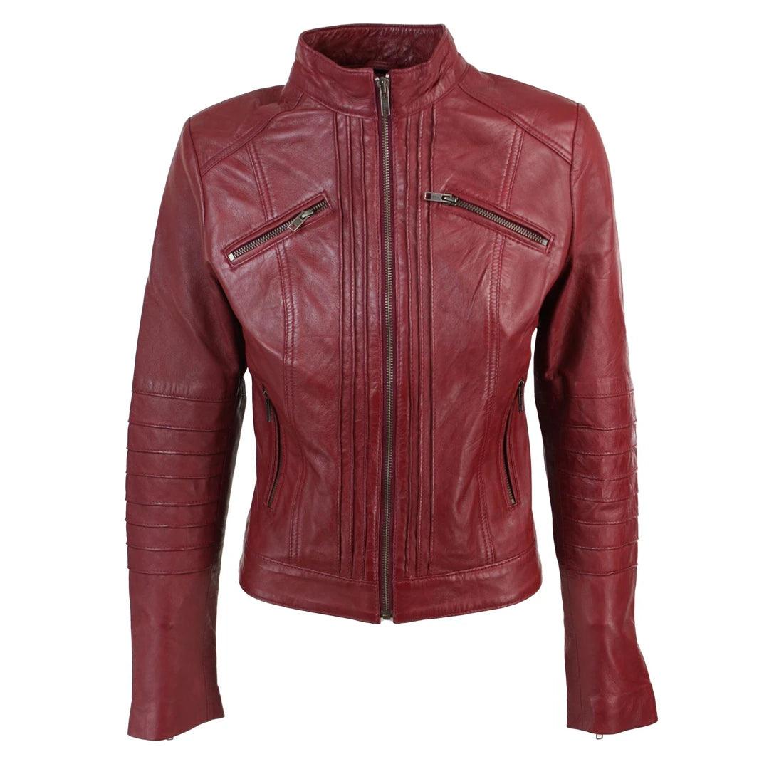 Ladies Biker Jacket Vintage Real Leather Zipped Fit Nehru Collar Japanese Style - Knighthood Store