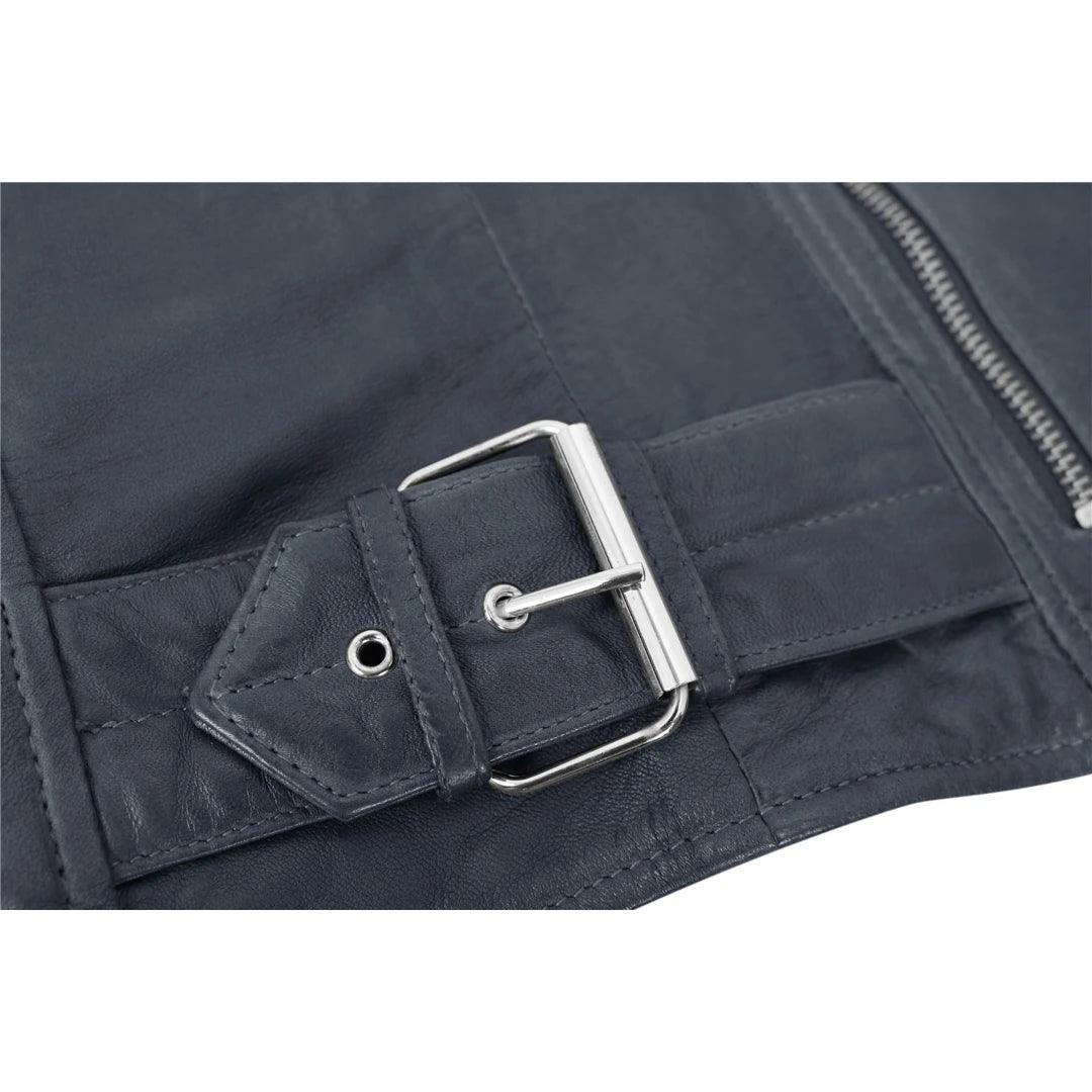 Ladies Real Leather Jacket Cross Zip Brando Nehru Collarless Soft Slim Fit - Knighthood Store