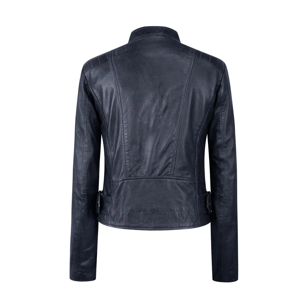 Ladies Real Leather Jacket Cross Zip Brando Nehru Collarless Soft Slim Fit - Knighthood Store