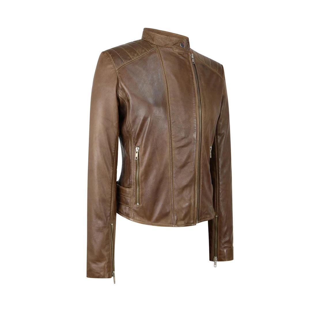 Ladies Real Leather Jacket Cross Zip Brando Nehru Collarless Soft Slim Fit - Knighthood Store