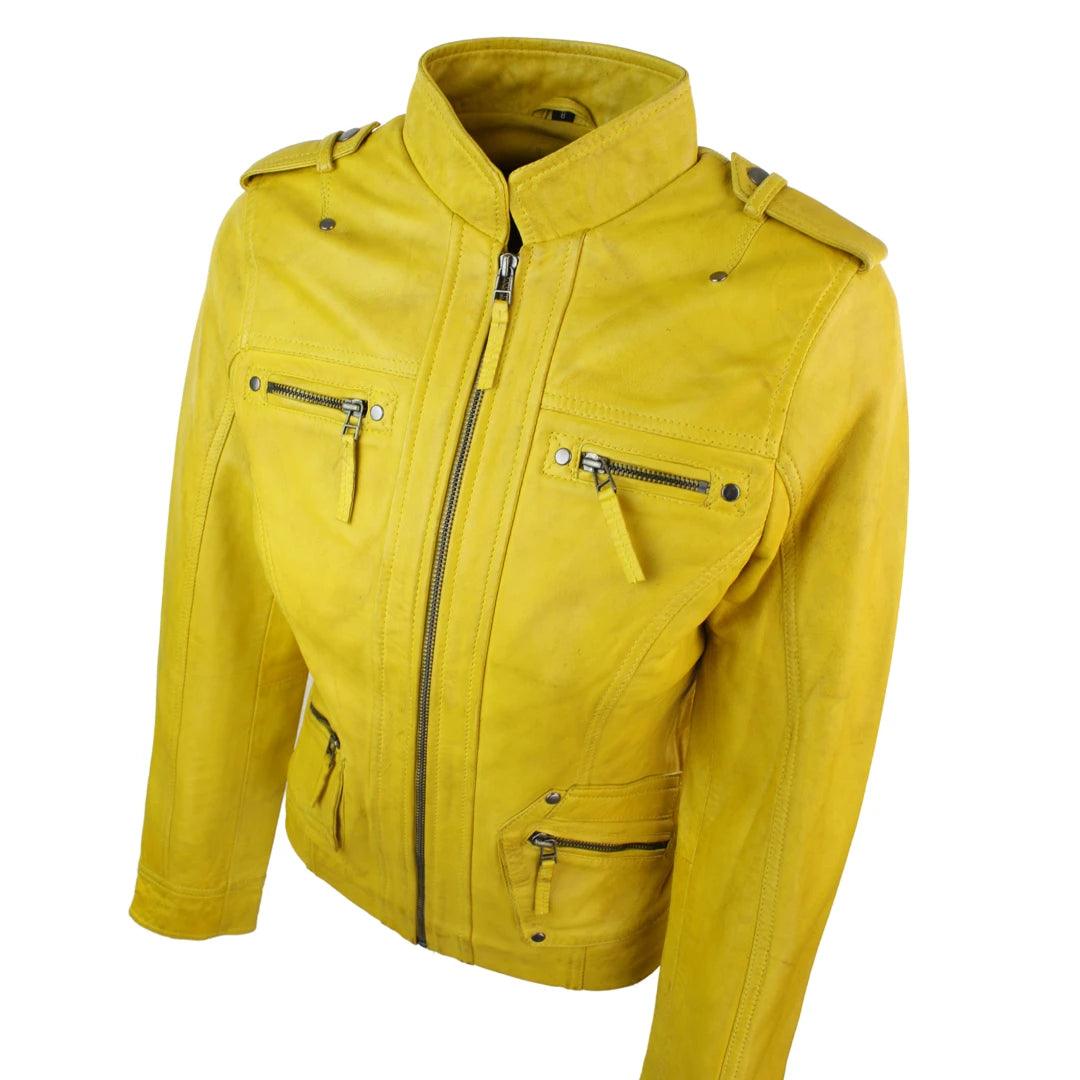 Ladies Women Genuine Real Leather Slim Fit Yellow Green Pink Biker Jacket - Knighthood Store