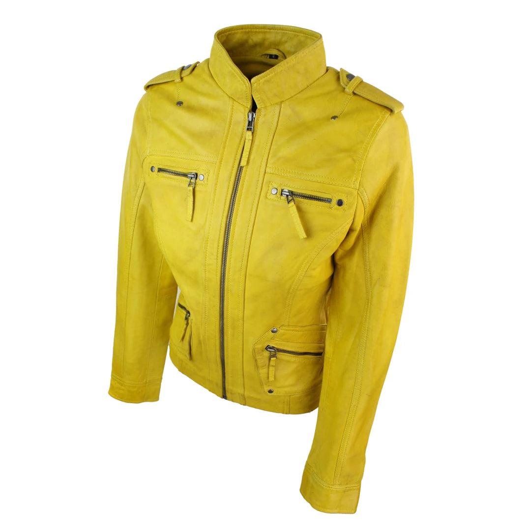 Ladies Women Genuine Real Leather Slim Fit Yellow Green Pink Biker Jacket - Knighthood Store