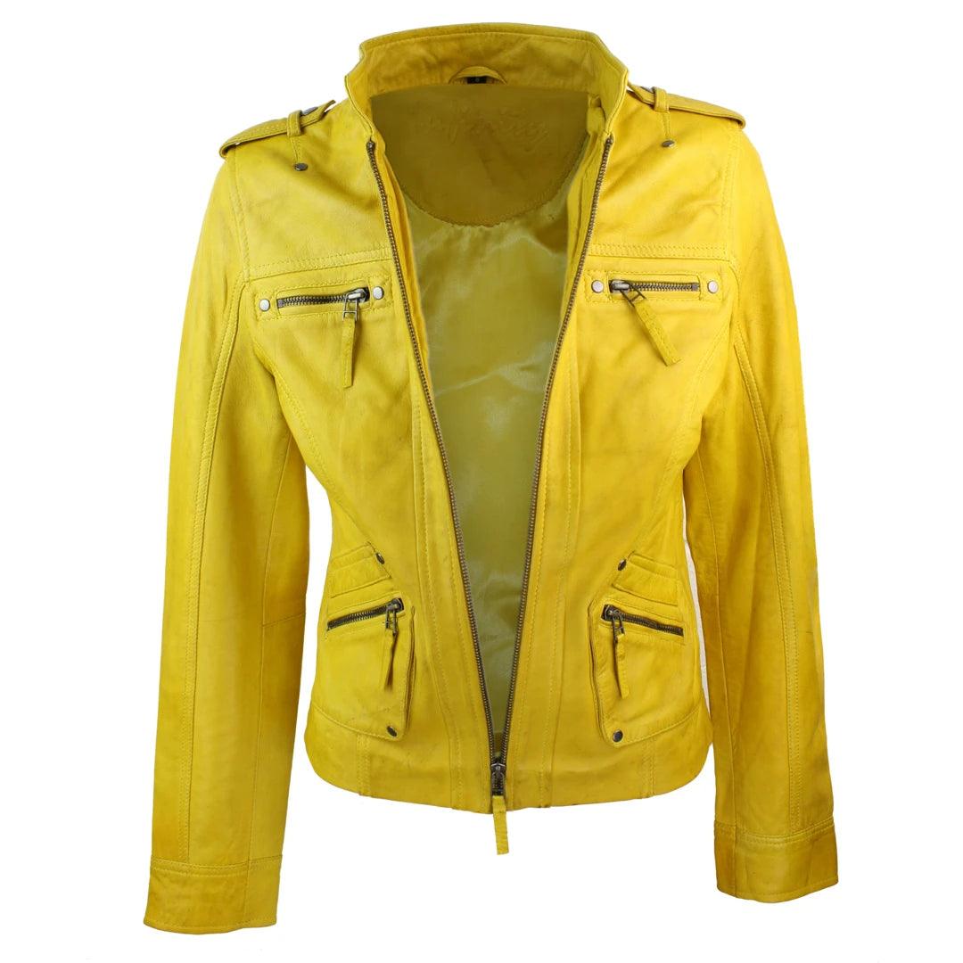 Ladies Women Genuine Real Leather Slim Fit Yellow Green Pink Biker Jacket - Knighthood Store