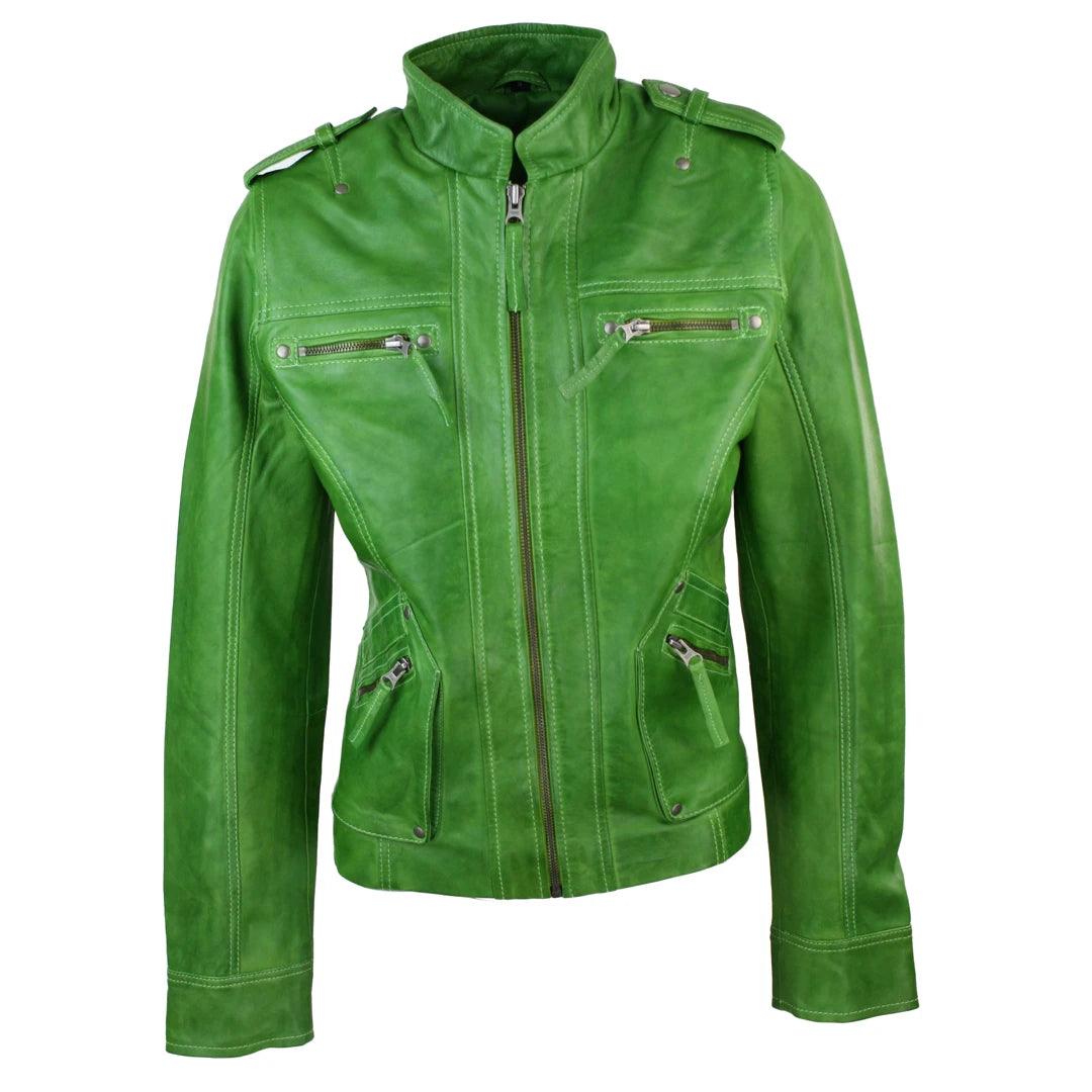 Ladies Women Genuine Real Leather Slim Fit Yellow Green Pink Biker Jacket - Knighthood Store