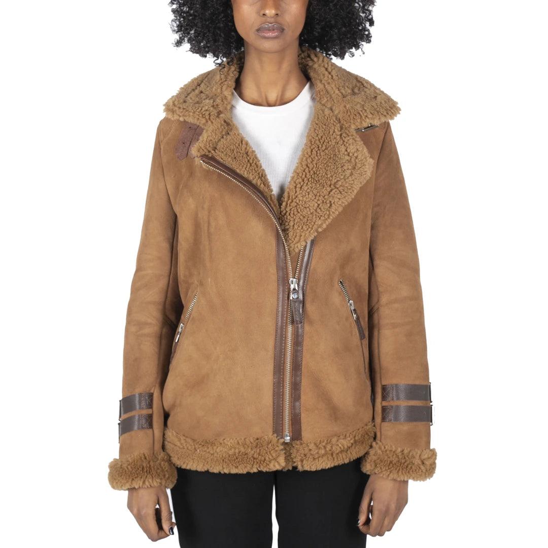 Womens Genuine Sheepskin Leather Cross Zip Flying Aviator Jacket Camel Brown Fur - Knighthood Store
