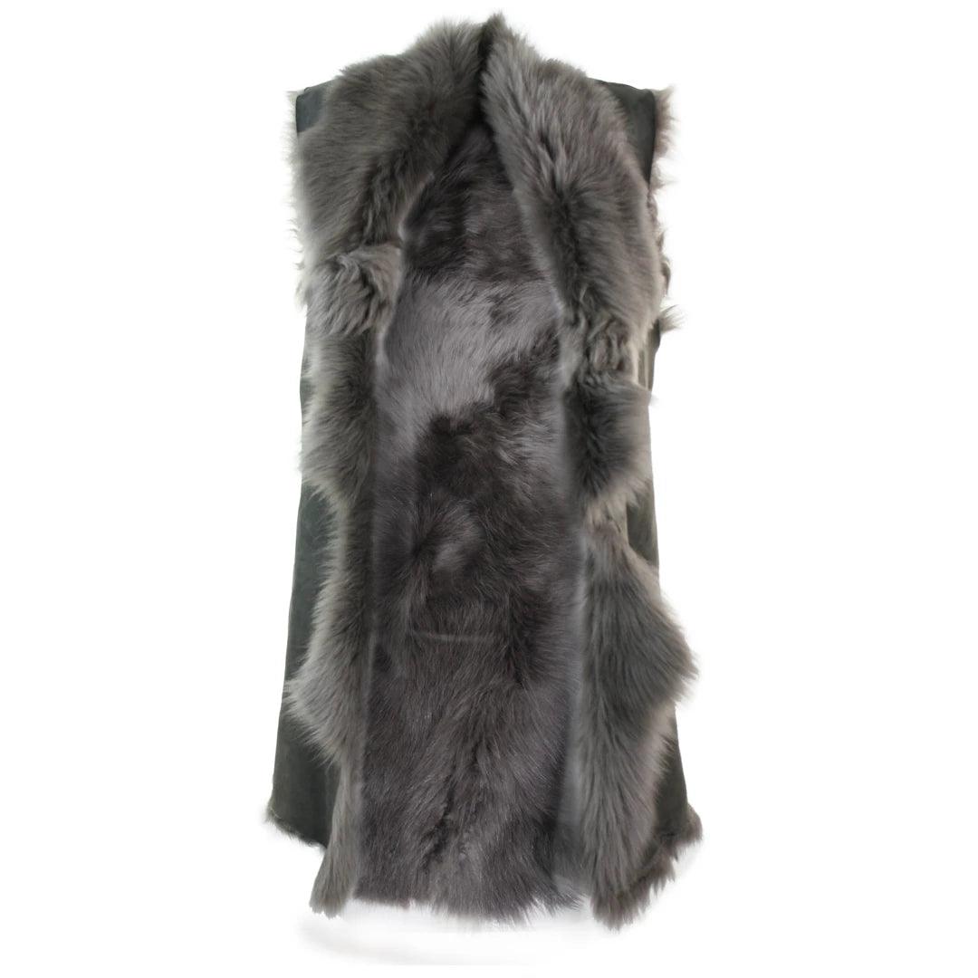 Ladies Women Real Spanish Toscana Shearling Sheepskin Grey Leather Waistcoat Gillet - Knighthood Store