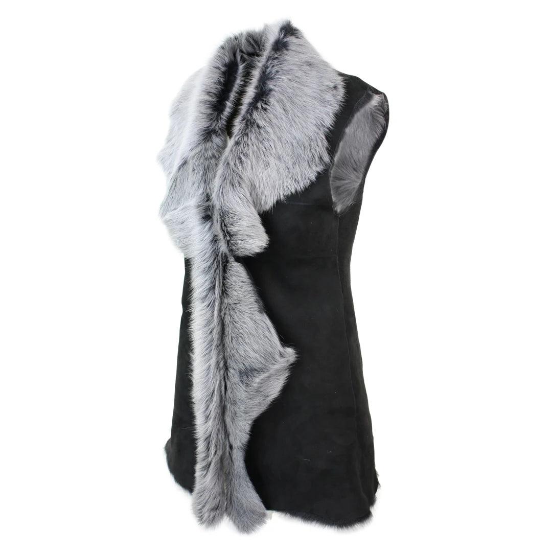 Ladies Women Real Spanish Toscana Shearling Sheepskin Black Grey Leather Waistcoat Gilet - Knighthood Store