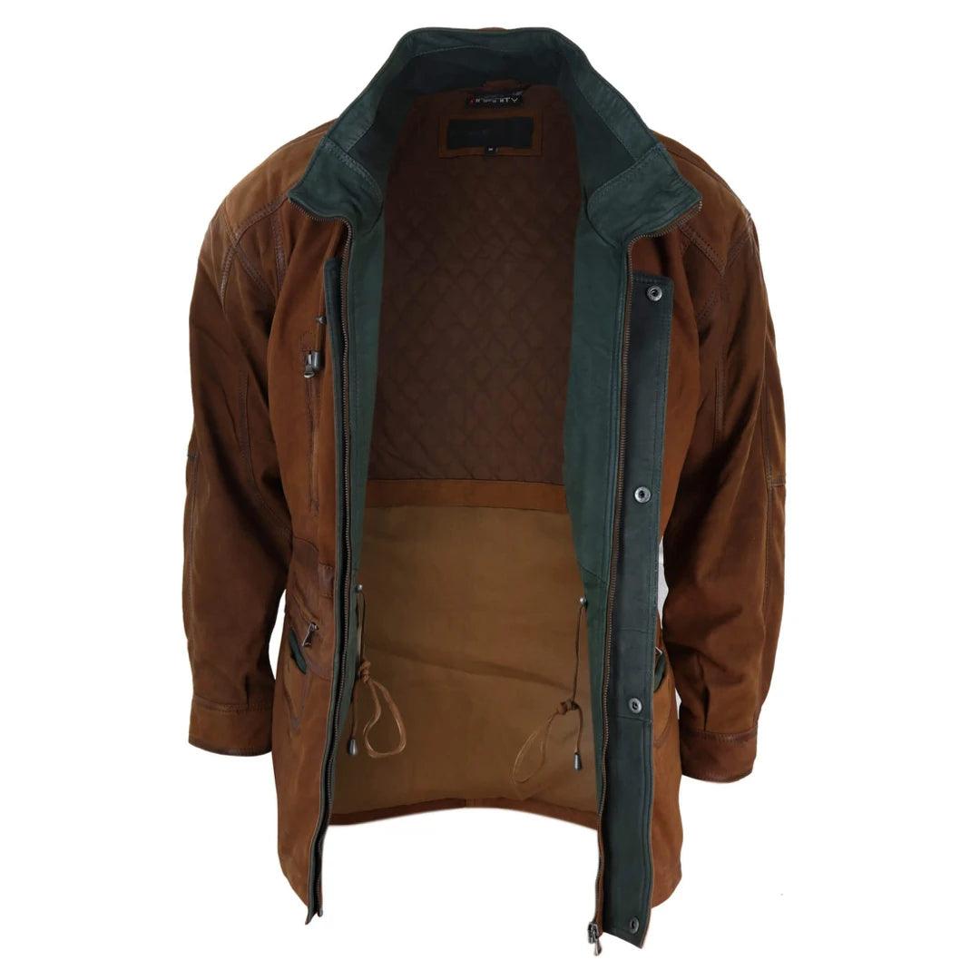 Mens Suede Genuine Safari Jacket Hunting Duffle Parka 3/4 Coat Classic Leather - Knighthood Store