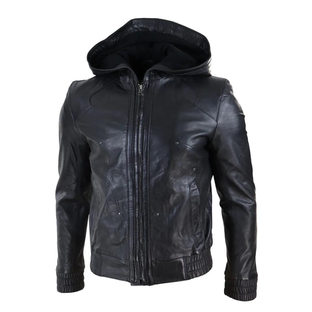 Mens Real Leather Zip Bomber Jacket Hooded Slim Fit Vintage Retro Casual - Knighthood Store