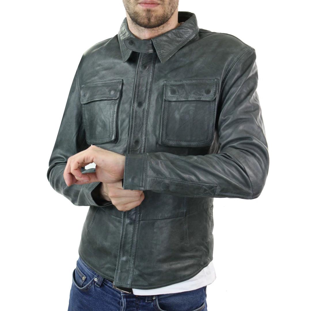 Mens Stud Shirt Real Leather Jacket Tan Grey Black Vintage Skinny Slim Fit Retro - Knighthood Store