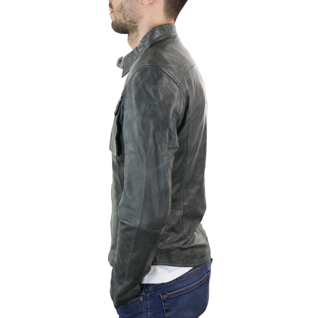Mens Stud Shirt Real Leather Jacket Tan Grey Black Vintage Skinny Slim Fit Retro - Knighthood Store