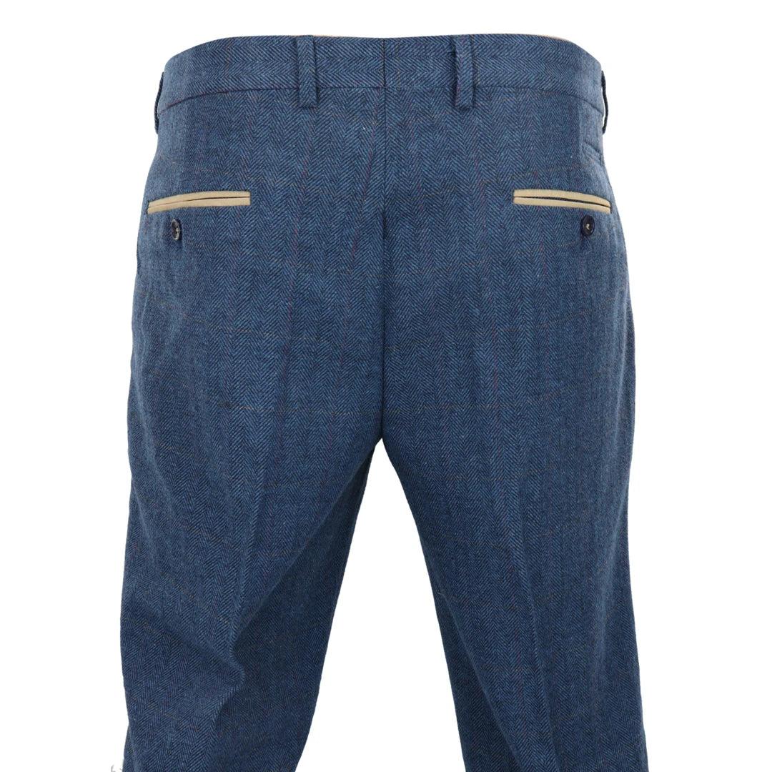 Mens Blue Trousers Herringbone Tweed Check Vintage Tailored Fit Suit - Knighthood Store