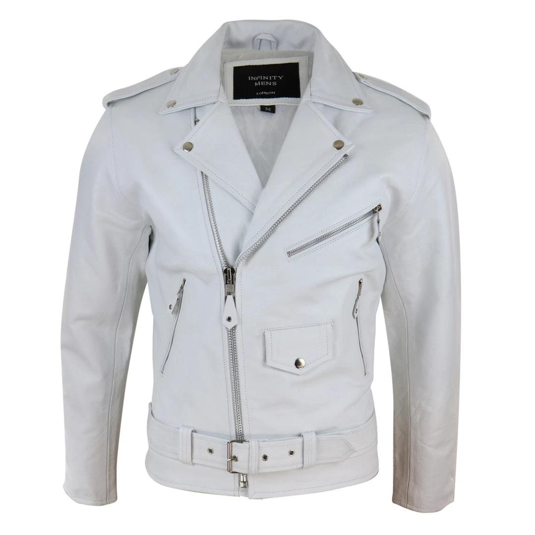 Mens Real Leather Biker Jacket Cross Zip Brando White Hide Grease Classic - Knighthood Store