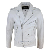 Mens Real Leather Biker Jacket Cross Zip Brando White Hide Grease Classic - Knighthood Store